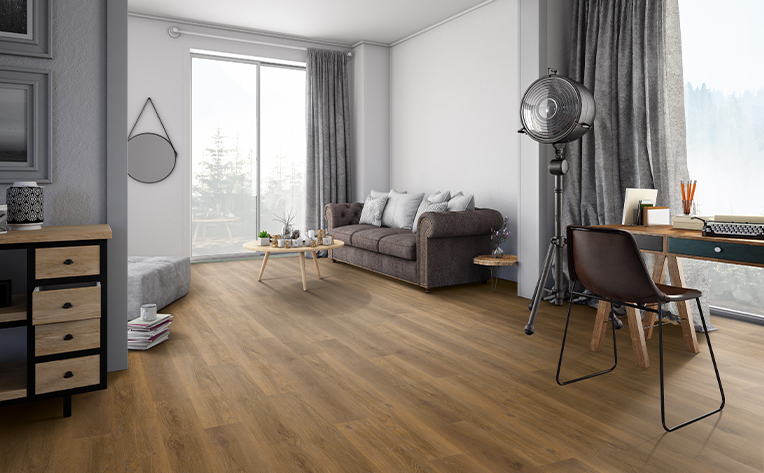 a multipurpose space with a desk and luxury vinyl flooring